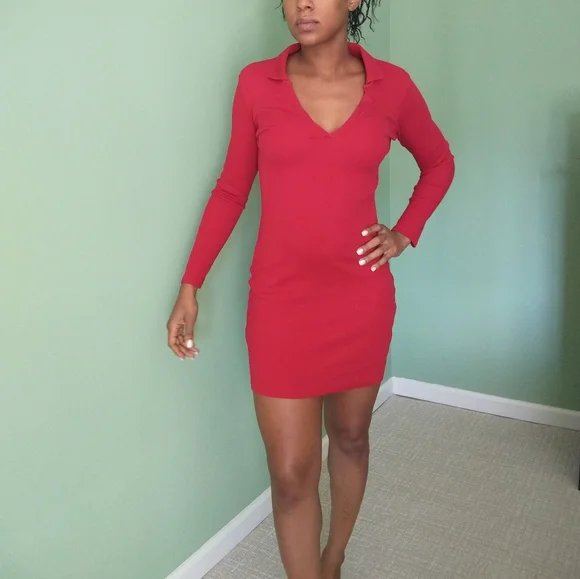 Women's red long sleeve midi Zara ribbed bodycon dress - Picture 6 of 9